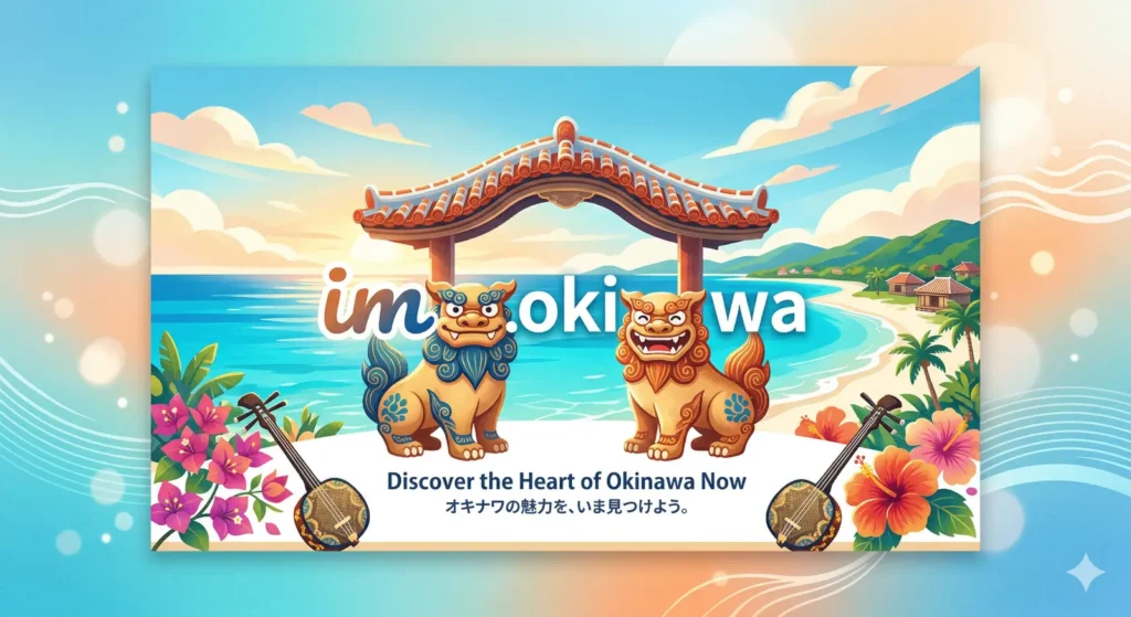 今沖縄　フロントページ　トップ画像　シーサー　門　海　雲　三線の画像