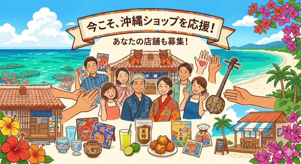 「今こそ、沖縄ショップを応援！」横断幕の下に、沖縄の特産品、笑顔の店主、伝統的な建物、ビーチが描かれた、店舗募集の応援イラスト。